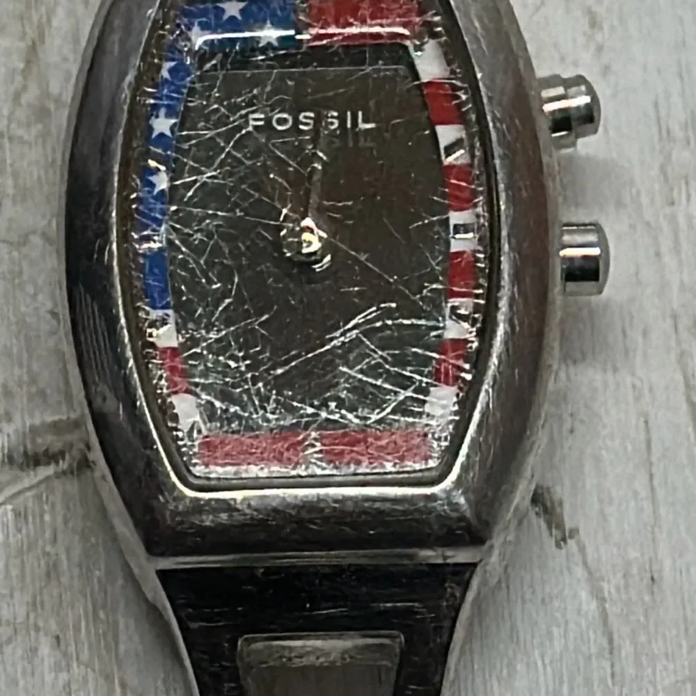 Fossil‎ BIG TIC ES9744 American Flag LED Dial Silver Tone Watch SCRATCHES